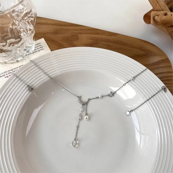 Star Moon Imitation Pearl Tassel Chain Necklace - Picture 4 of 8